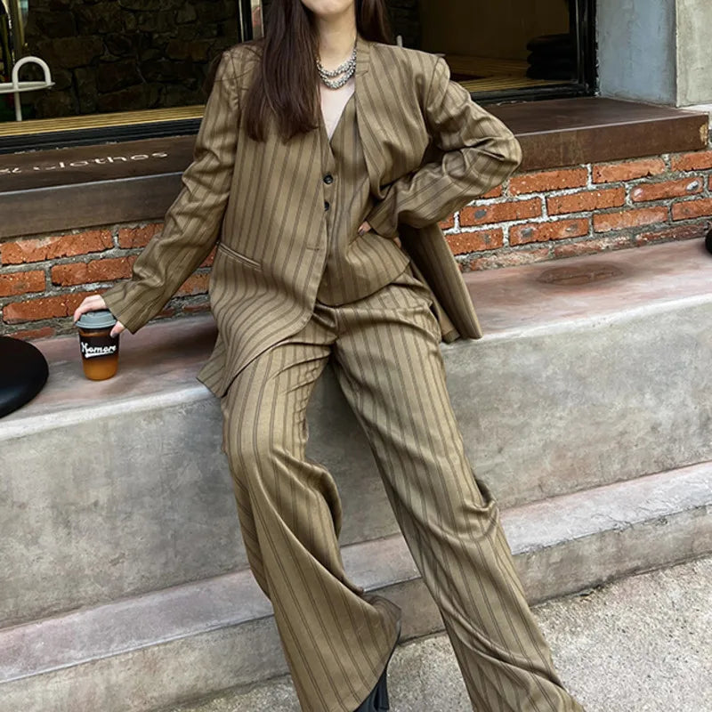 Elegant Trendy Retro Brown Striped Blazer Vest Wide Leg Pants Set-Wear To Work Sets-Arimonz-Arimonz