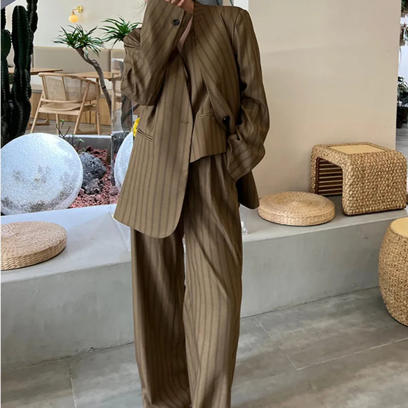 Elegant Trendy Retro Brown Striped Blazer Vest Wide Leg Pants Set-Wear To Work Sets-Arimonz-Arimonz