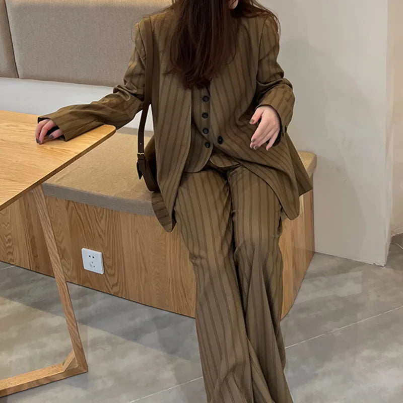 Elegant Trendy Retro Brown Striped Blazer Vest Wide Leg Pants Set-Wear To Work Sets-Arimonz-Arimonz