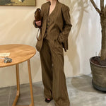 Elegant Trendy Retro Brown Striped Blazer Vest Wide Leg Pants Set-Wear To Work Sets-Arimonz-Brown Suit Set-S (US-4)-Arimonz