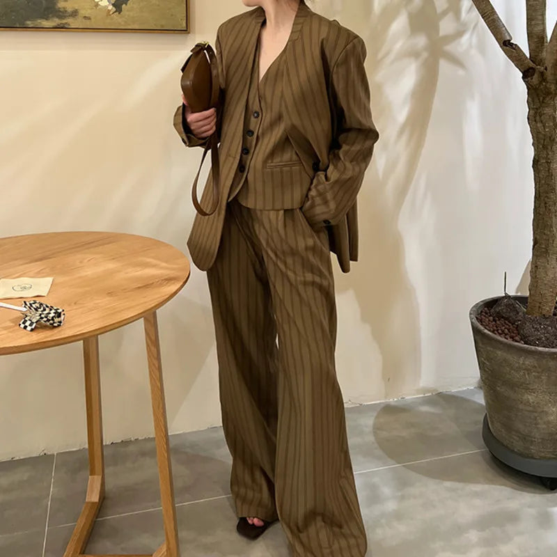 Elegant Trendy Retro Brown Striped Blazer Vest Wide Leg Pants Set-Wear To Work Sets-Arimonz-Brown Suit Set-S (US-4)-Arimonz