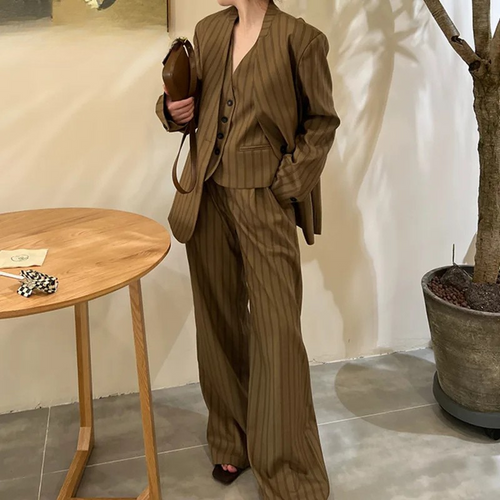 Elegant Trendy Retro Brown Striped Blazer Vest Wide Leg Pants Set-Wear To Work Sets-Arimonz-Arimonz