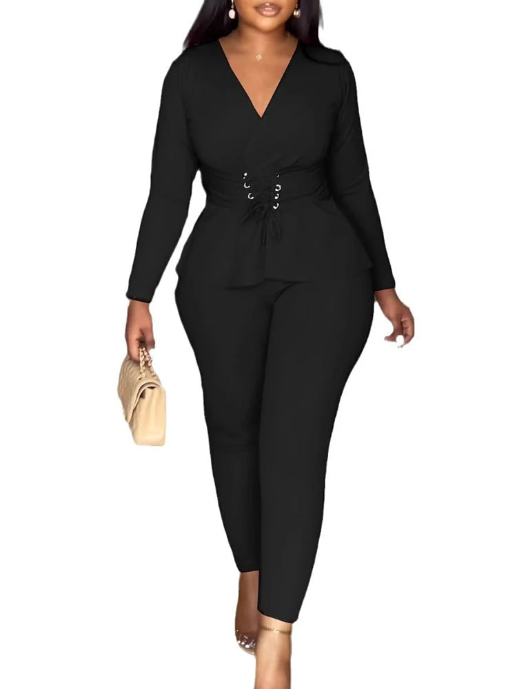 Elegant V-neck Bandage Top and Pencil Pants Outfit Suit 2 Piece Set-Wear To Work Sets-Arimonz-black sets-S-Arimonz