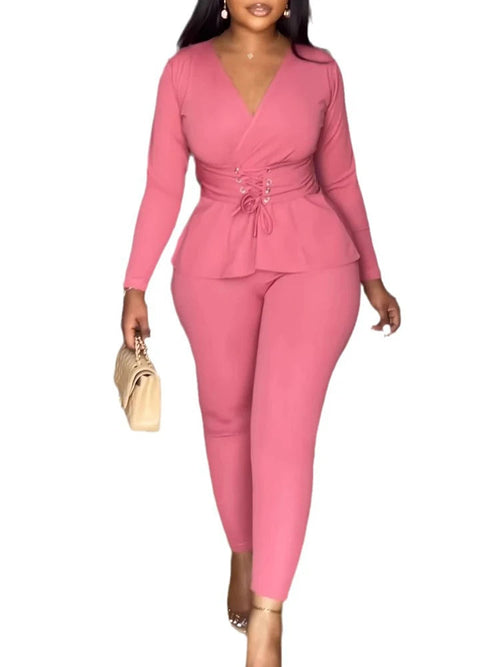 Elegant V-neck Bandage Top and Pencil Pants Outfit Suit 2 Piece Set-Wear To Work Sets-Arimonz-pink sets-S-Arimonz