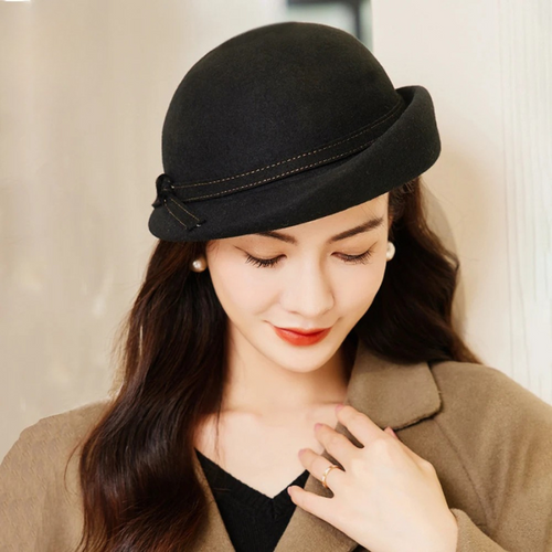 Elegant Vintage Wool Fedora Winter Women Cap Floppy Warped Edge Beret-Hats-Arimonz-Arimonz
