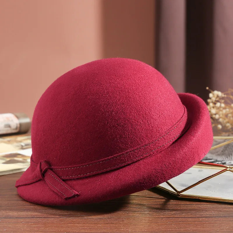 Elegant Vintage Wool Fedora Winter Women Cap Floppy Warped Edge Beret-Hats-Arimonz-Purplish Red-22in (56 to 58cm)-Arimonz