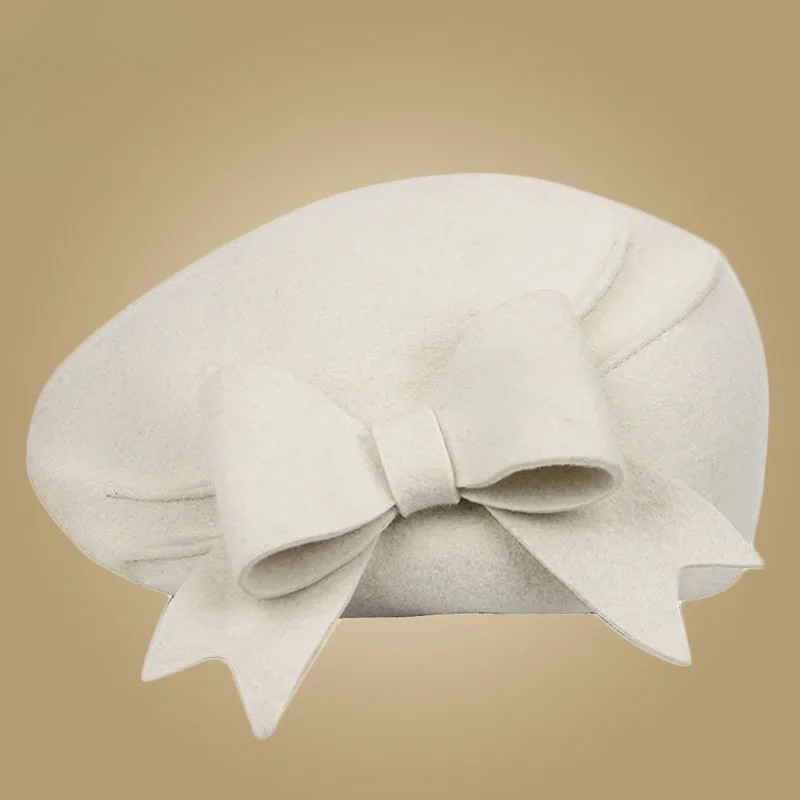 Elegant Wool Felt Beret Cap Ladies Pillbox Vintage Hat with Bow-Hats-Arimonz-Arimonz