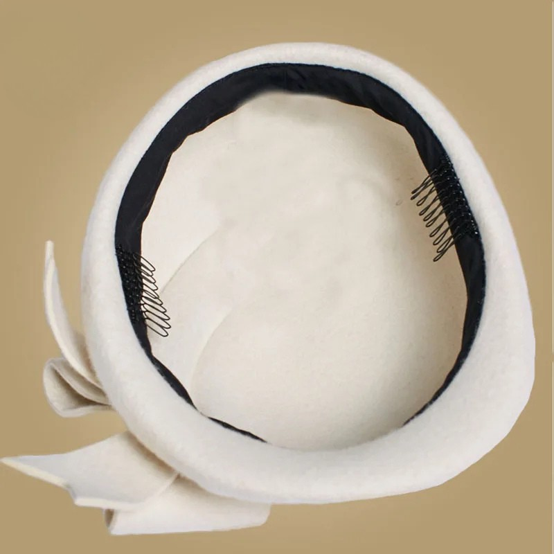 Elegant Wool Felt Beret Cap Ladies Pillbox Vintage Hat with Bow-Hats-Arimonz-Arimonz