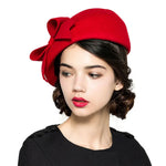 Elegant Wool Felt Beret Cap Ladies Pillbox Vintage Hat with Bow-Hats-Arimonz-Red-Arimonz