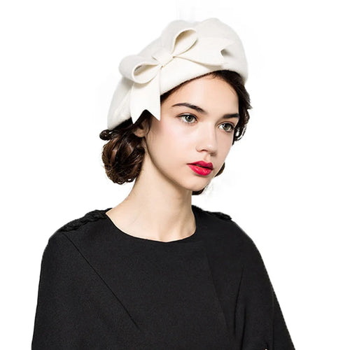 Elegant Wool Felt Beret Cap Ladies Pillbox Vintage Hat with Bow-Hats-Arimonz-White-Arimonz