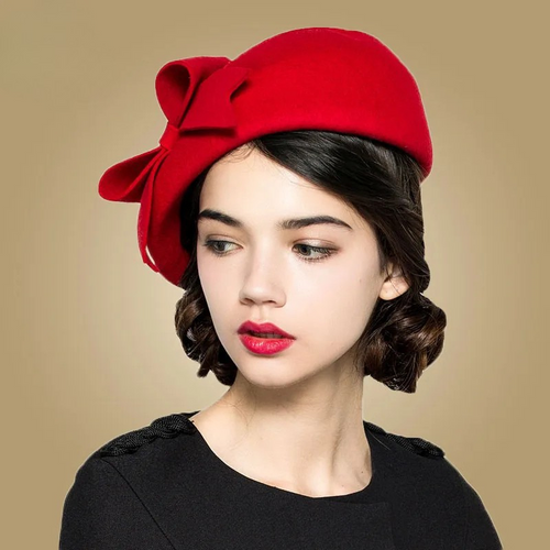 Elegant Wool Felt Beret Cap Ladies Pillbox Vintage Hat with Bow-Hats-Arimonz-Arimonz