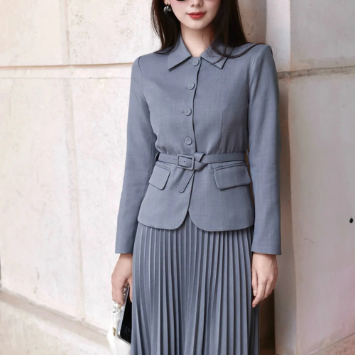 Elegant Wool Pleated Skirt Suit Office Business Attire Outfit Set-Wear To Work Sets-Arimonz-Arimonz