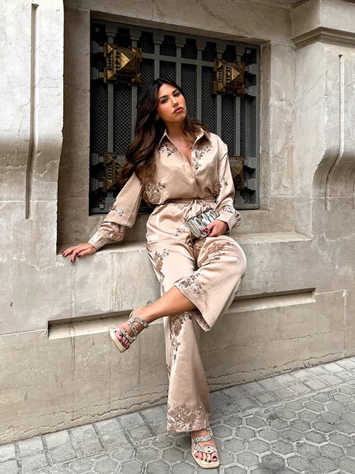 Embroidered Beaded Long Sleeve Shirt Loose Tie Pants Two Piece Set-Wear To Work Sets-Arimonz-Arimonz