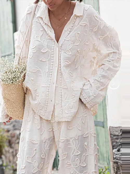 Embroidery Long Sleeve Single Breasted Shirts Wide Leg Pant Set-Wear To Work Sets-Arimonz-Arimonz