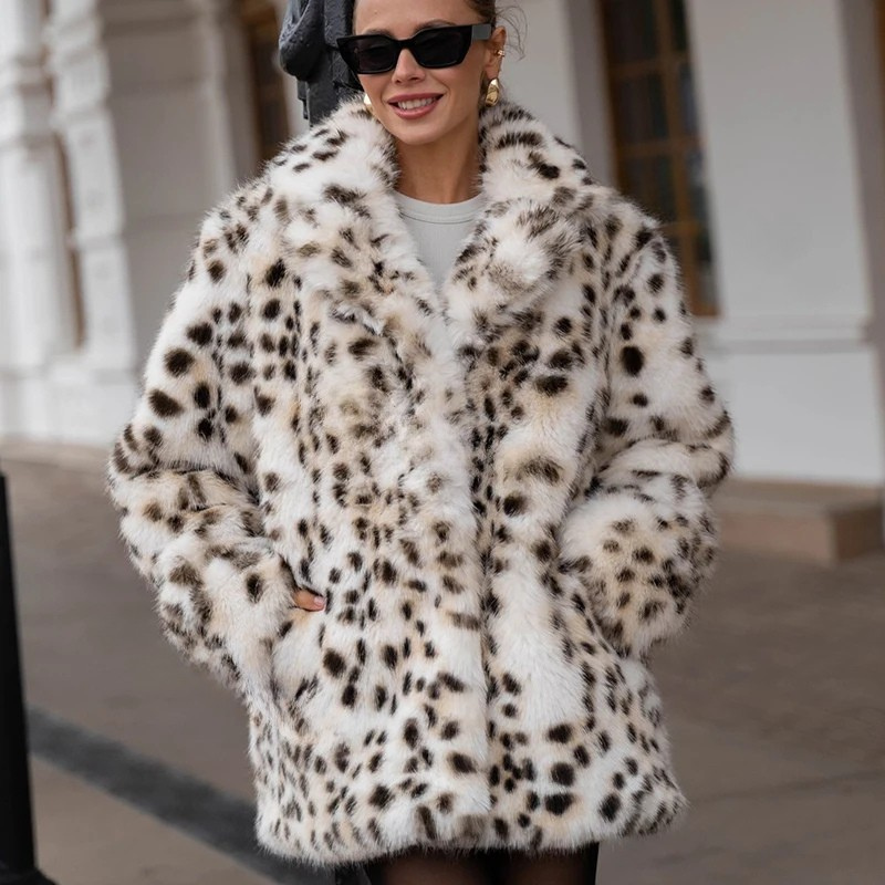 Exclusive Long Leopard Faux Fox Fur Coat Winter Fashion Fur Jacket-Fuzzy Jackets-Arimonz-Arimonz