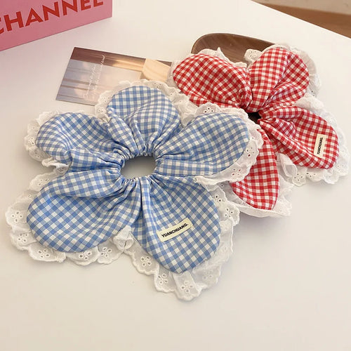 Extra Large Thick Elastic Fluffy Plaid Lace Flower Hair Scrunchies-Hair Accessories-Arimonz-Arimonz