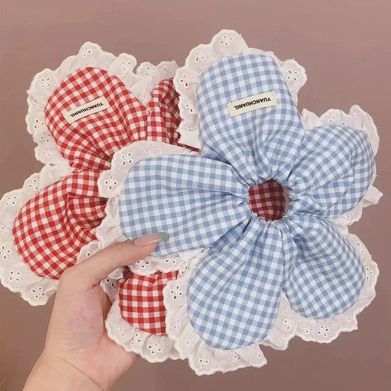 Extra Large Thick Elastic Fluffy Plaid Lace Flower Hair Scrunchies-Hair Accessories-Arimonz-Arimonz