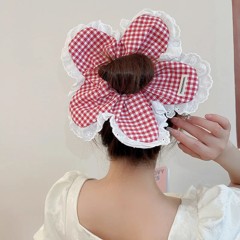 Extra Large Thick Elastic Fluffy Plaid Lace Flower Hair Scrunchies-Hair Accessories-Arimonz-Red-Arimonz
