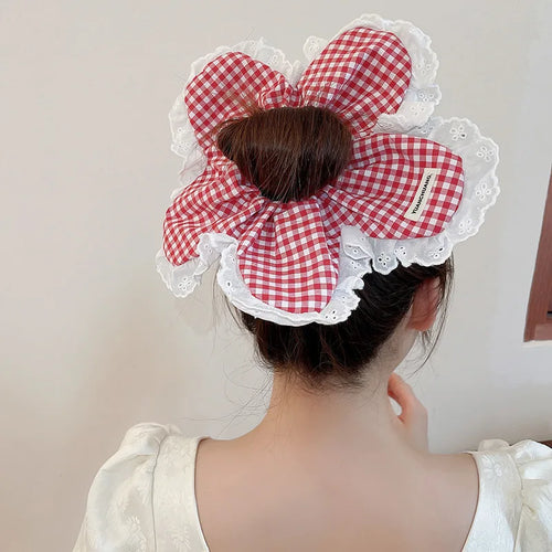 Extra Large Thick Elastic Fluffy Plaid Lace Flower Hair Scrunchies-Hair Accessories-Arimonz-Arimonz