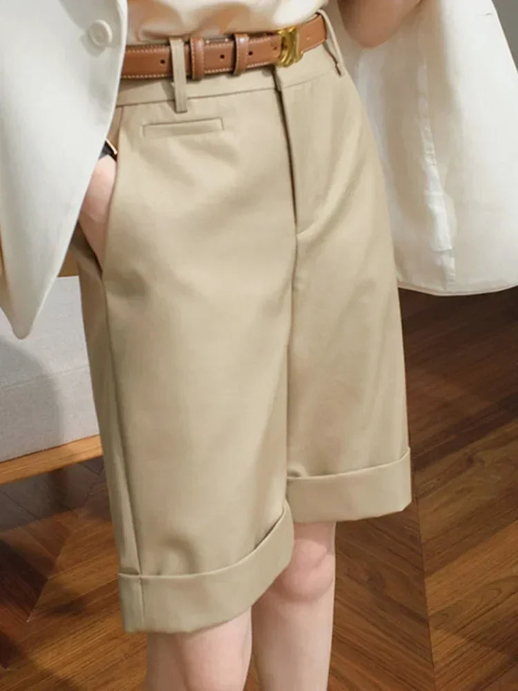 Shorts for Women High Waist Knee Length Straight Pants with Belt