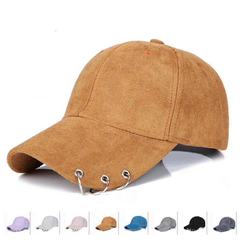 Plain Suede Baseball Cap with Iron Ring Adjustable Peaked Snapback Hat