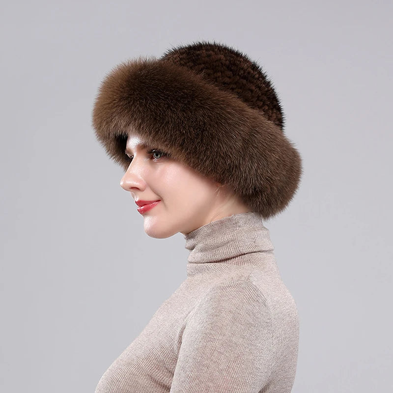 Soft Genuine Fur Hats Women Winter Knitted Bomber Hat Natural Fur