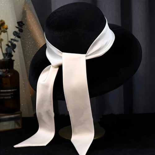 Vintage Black Velvet with White Ribbon Hat Hepburn Style Top Hat