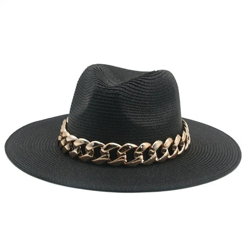 Summer Fedora with Chain Belt Sun Straw Panama Outdoor Beach Hat