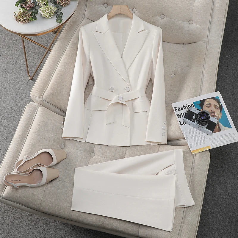 Fashion Belted Blazer Suit Pant Set Work to Wear Trouser Set Outfit-Arimonz-Beige-S-Arimonz
