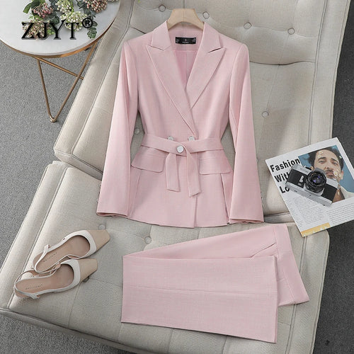 Fashion Belted Blazer Suit Pant Set Work to Wear Trouser Set Outfit-Arimonz-Pink-S-Arimonz