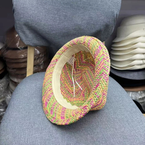 Fashion Rainbow Straw Sun Summer Hat Panama Handmade Crochet Jazz Hat-Summer Hats-Arimonz-Arimonz
