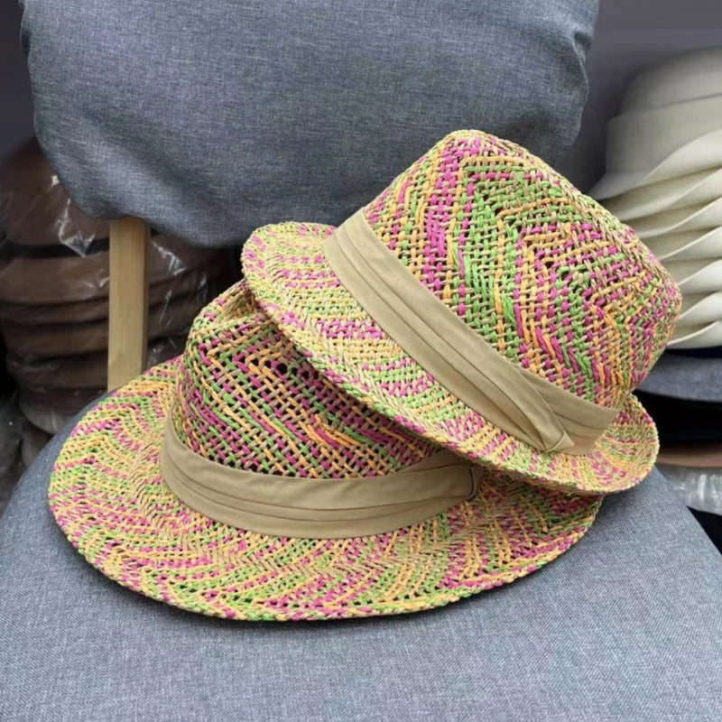 Fashion Rainbow Straw Sun Summer Hat Panama Handmade Crochet Jazz Hat-Summer Hats-Arimonz-Arimonz