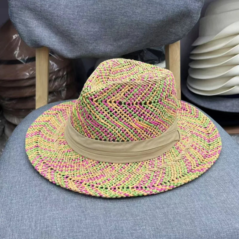 Fashion Rainbow Straw Sun Summer Hat Panama Handmade Crochet Jazz Hat-Summer Hats-Arimonz-Rainbow eaves hat-One size adjustable-Arimonz