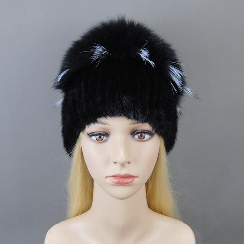 Fashion Real Knitted Mink Fur Hat Cap with Fox Fur Winter Beanie Hat-Winter Hats-Arimonz-Arimonz