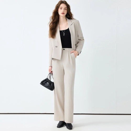 Fashion Short Blazer and Trousers Matching Set Office Casual Outfit-Wear To Work Sets-Arimonz-Beige-S(US-4)-Arimonz
