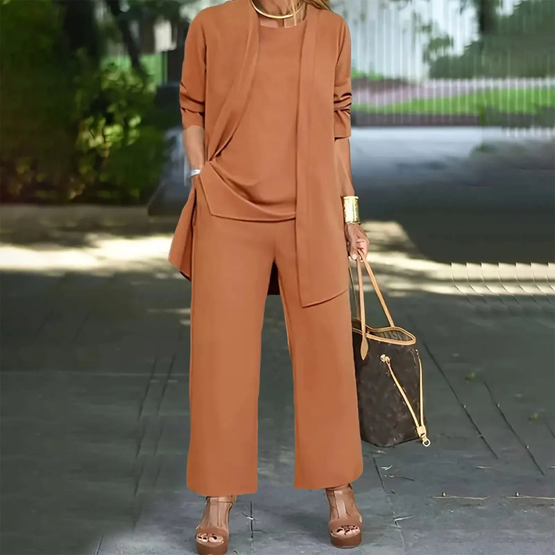 Fashion Warm Color Casual Top and Pants Women Trouser Outfit Set-Wear To Work Sets-Arimonz-Coffee-S-Arimonz