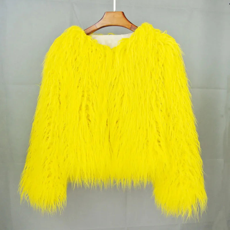 Fashion Winter Top Faux Fur Elegant Coat Thicken Warm Women Jacket-Fuzzy Jackets-Arimonz-Yellow-S-Arimonz