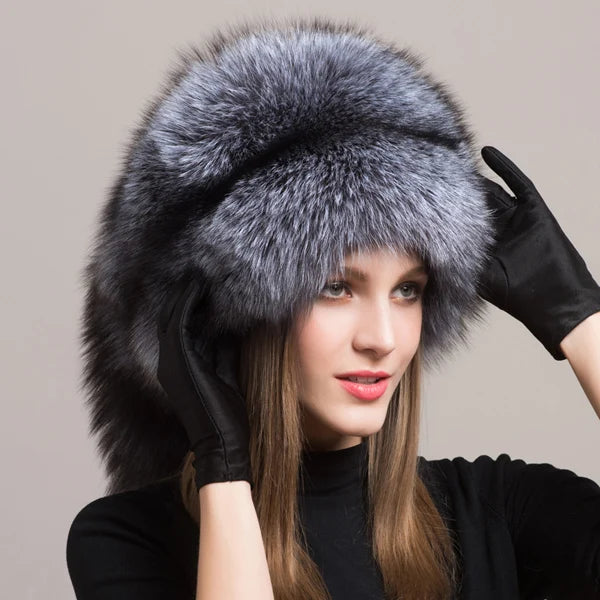Fashionable Headgear Thicken Warm Winter Real Fur Hat Outdoor Cap-Winter Hats-Arimonz-Silver fox one Tail-Arimonz