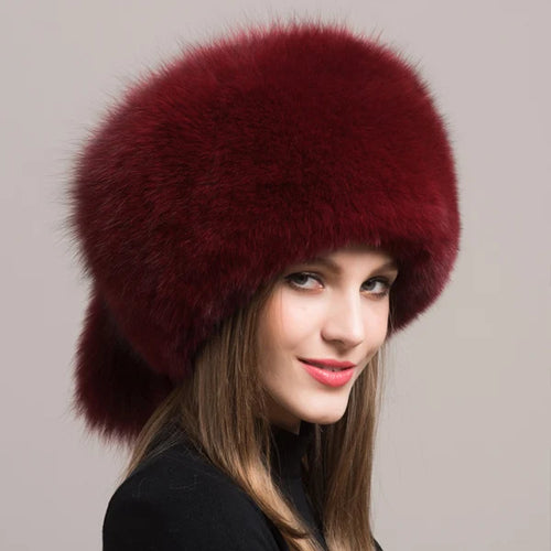 Fashionable Headgear Thicken Warm Winter Real Fur Hat Outdoor Cap-Winter Hats-Arimonz-Wine red two tails-Arimonz