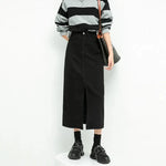 Split Denim Skirt High Waisted Loose A-Line Skirt Elegant Black Skirt