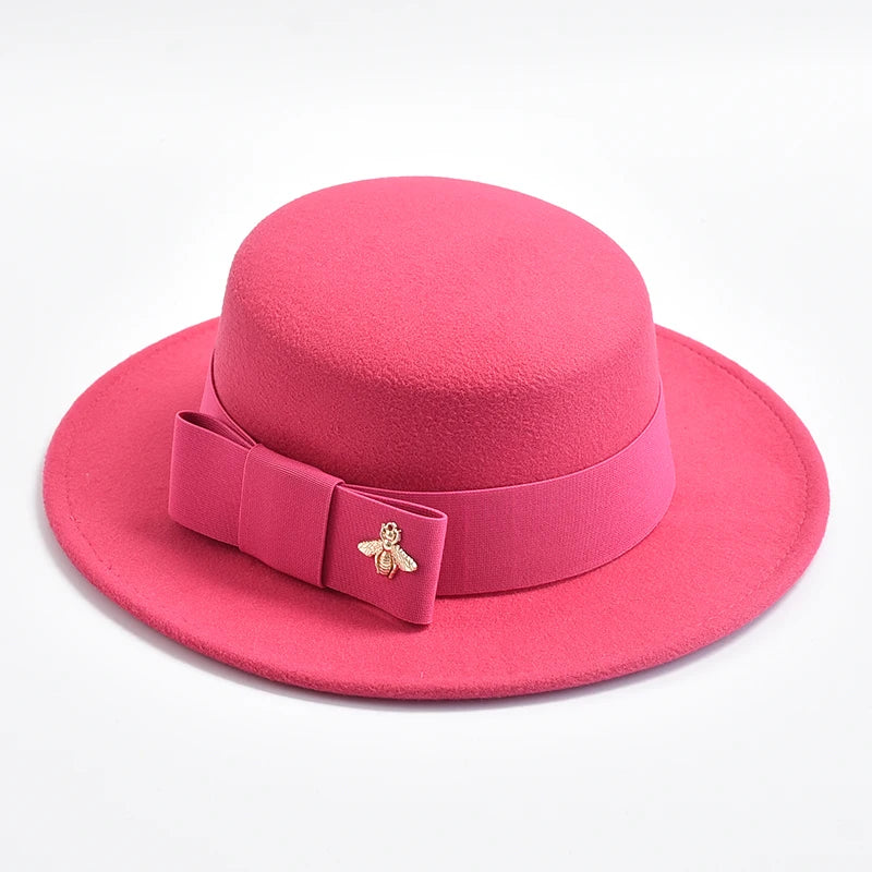 Fedora Hat for Women Elegant Flat Top Bow Jazz Hat Chapeau Femme-Winter Hats-Arimonz-Arimonz