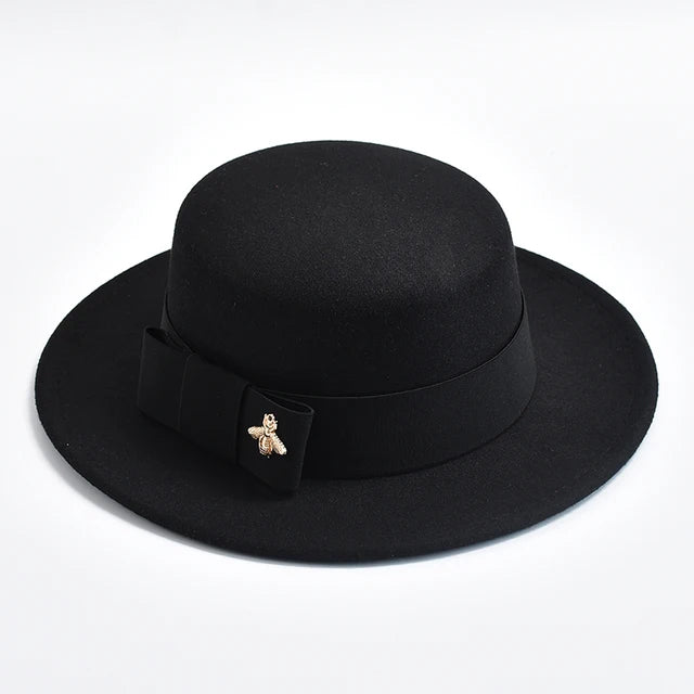 Fedora Hat for Women Elegant Flat Top Bow Jazz Hat Chapeau Femme-Winter Hats-Arimonz-Black01-One Size-Arimonz