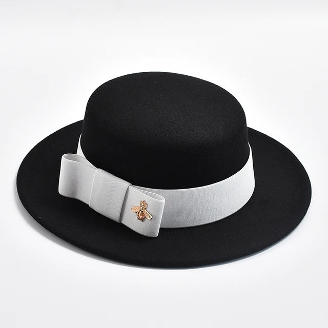Fedora Hat for Women Elegant Flat Top Bow Jazz Hat Chapeau Femme-Winter Hats-Arimonz-Black02-One Size-Arimonz