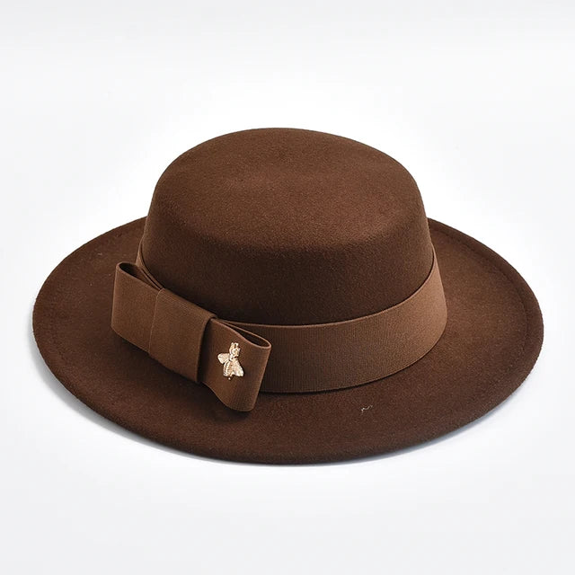 Fedora Hat for Women Elegant Flat Top Bow Jazz Hat Chapeau Femme-Winter Hats-Arimonz-Coffee-One Size-Arimonz