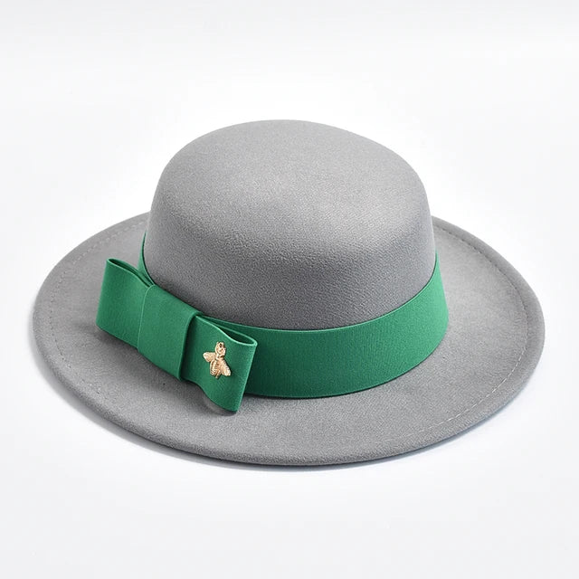 Fedora Hat for Women Elegant Flat Top Bow Jazz Hat Chapeau Femme-Winter Hats-Arimonz-GRAY-One Size-Arimonz