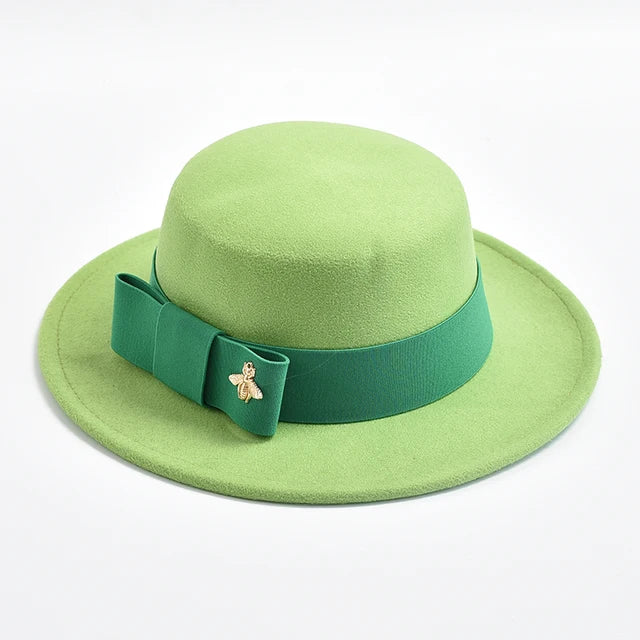 Fedora Hat for Women Elegant Flat Top Bow Jazz Hat Chapeau Femme-Winter Hats-Arimonz-Green-One Size-Arimonz