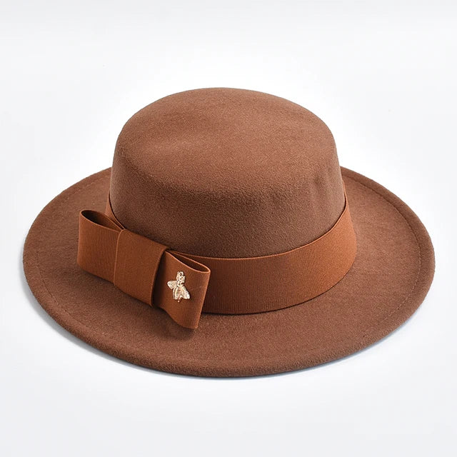 Fedora Hat for Women Elegant Flat Top Bow Jazz Hat Chapeau Femme-Winter Hats-Arimonz-Khaki-One Size-Arimonz