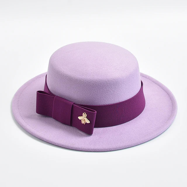 Fedora Hat for Women Elegant Flat Top Bow Jazz Hat Chapeau Femme-Winter Hats-Arimonz-Light purple02-One Size-Arimonz
