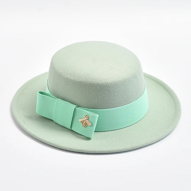 Fedora Hat for Women Elegant Flat Top Bow Jazz Hat Chapeau Femme-Winter Hats-Arimonz-mint green-One Size-Arimonz