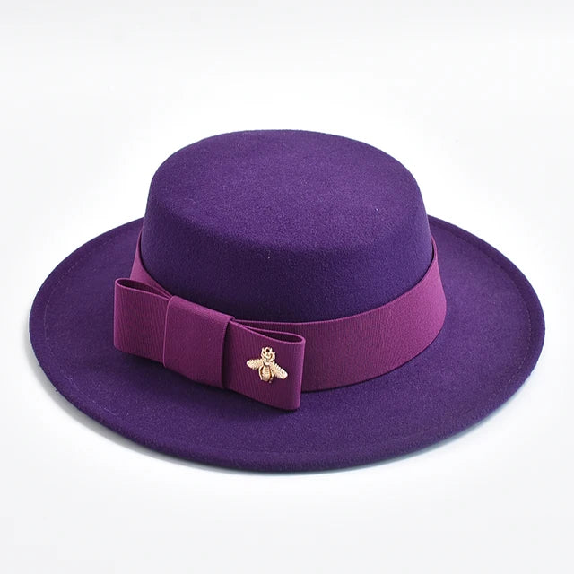 Fedora Hat for Women Elegant Flat Top Bow Jazz Hat Chapeau Femme-Winter Hats-Arimonz-Purple-One Size-Arimonz